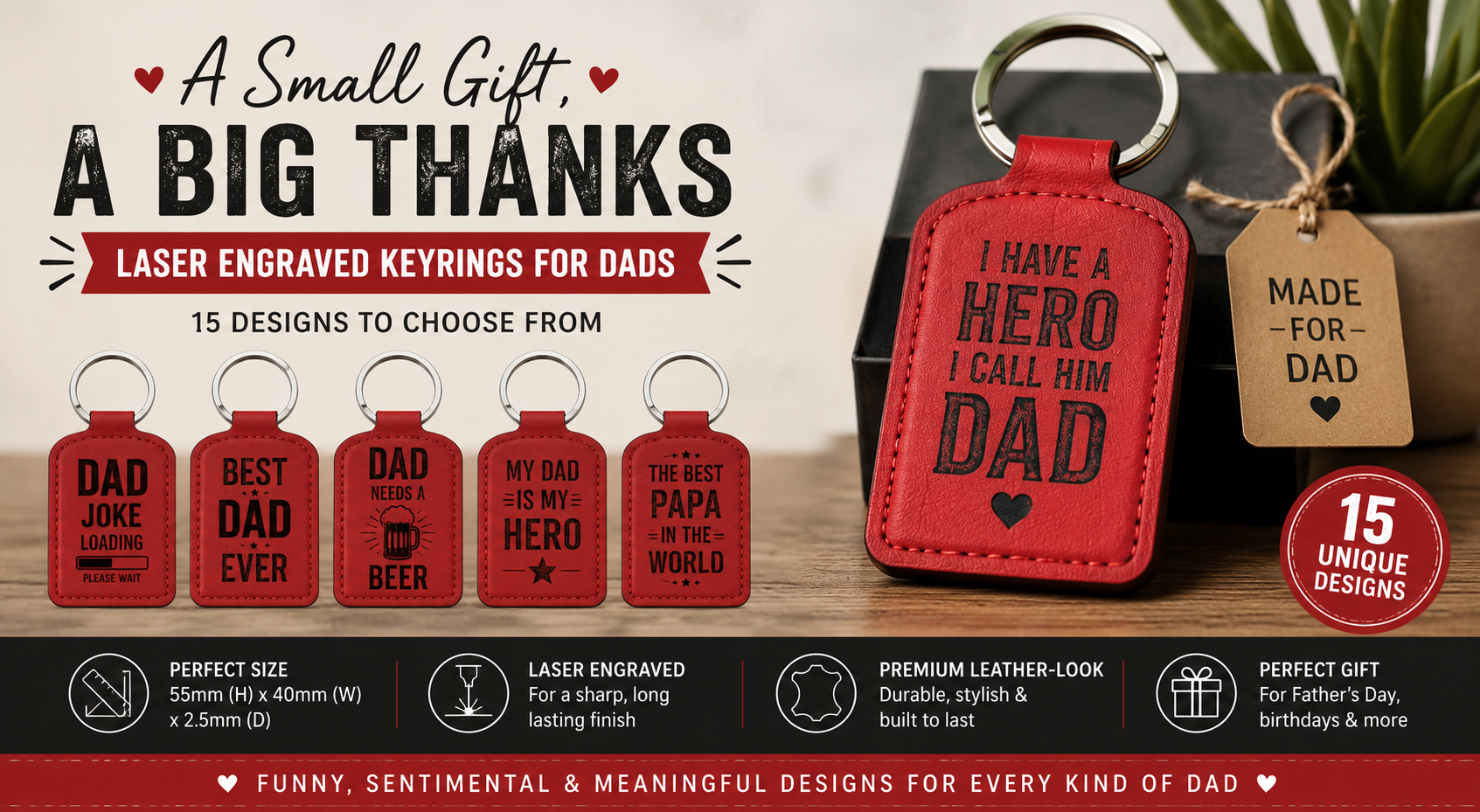 Red rectangle leather Dad keyrings
