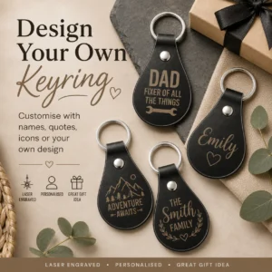 Customisable Black leather teardrop keyring