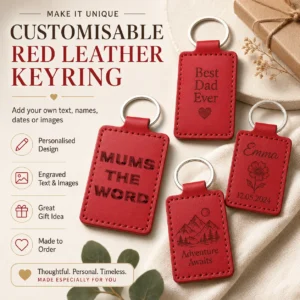 Customisable rectangle red leather keyring
