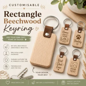 Customisable rectangle unstained beechwood keyring
