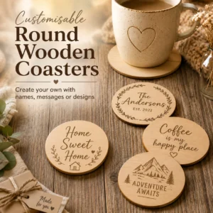 Customisable round wooden coasters