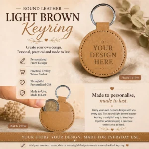 Personalised light brown round leather keyring with pouch