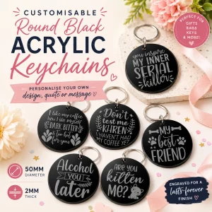 Customisable Round Black Acrylic Keychains